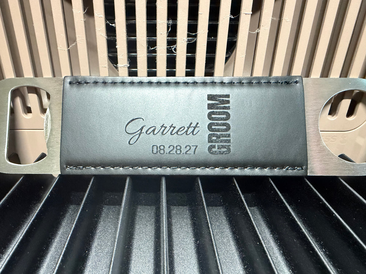 Custom engraved leatherette wrapped bottle opener