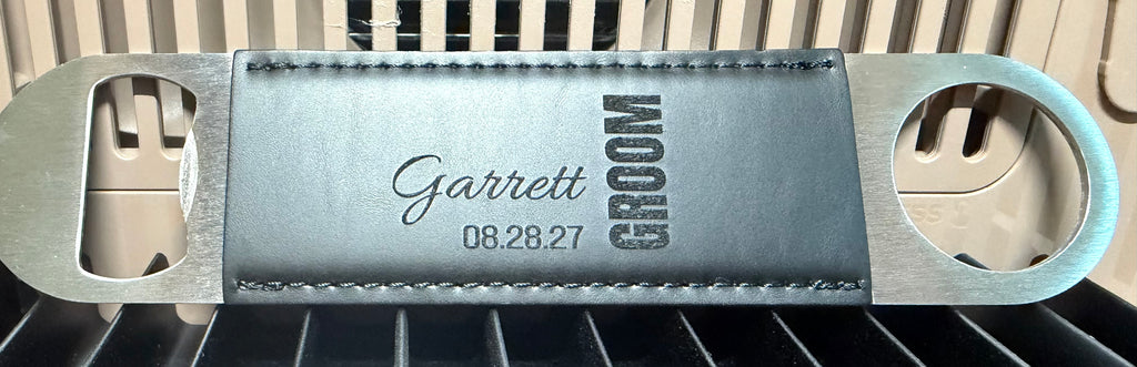 Custom engraved leatherette wrapped bottle opener